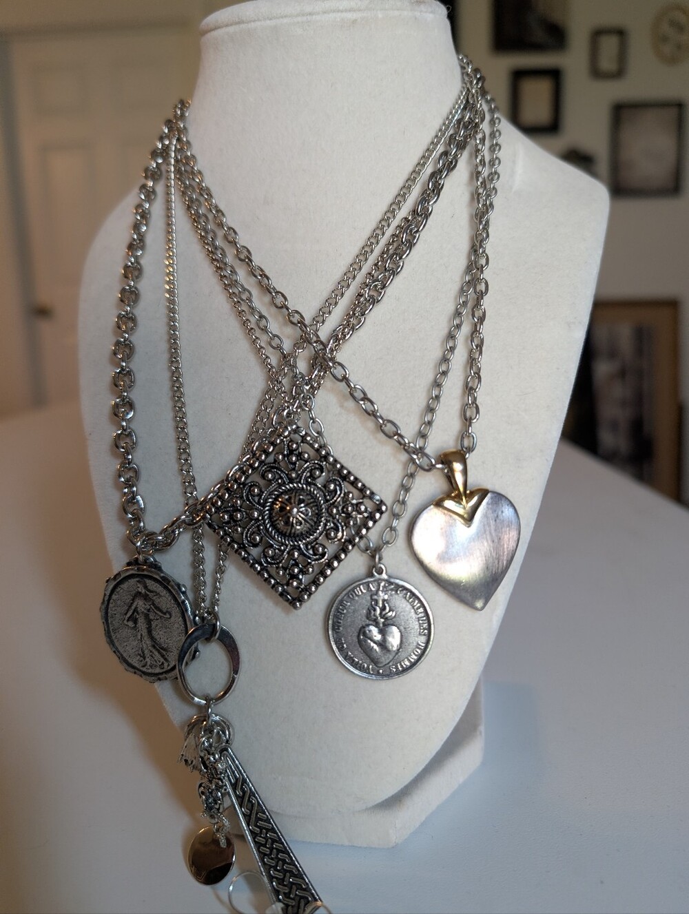 Vintage Style Silver Talisman Necklace Bundle | 5 Necklaces + Earrings